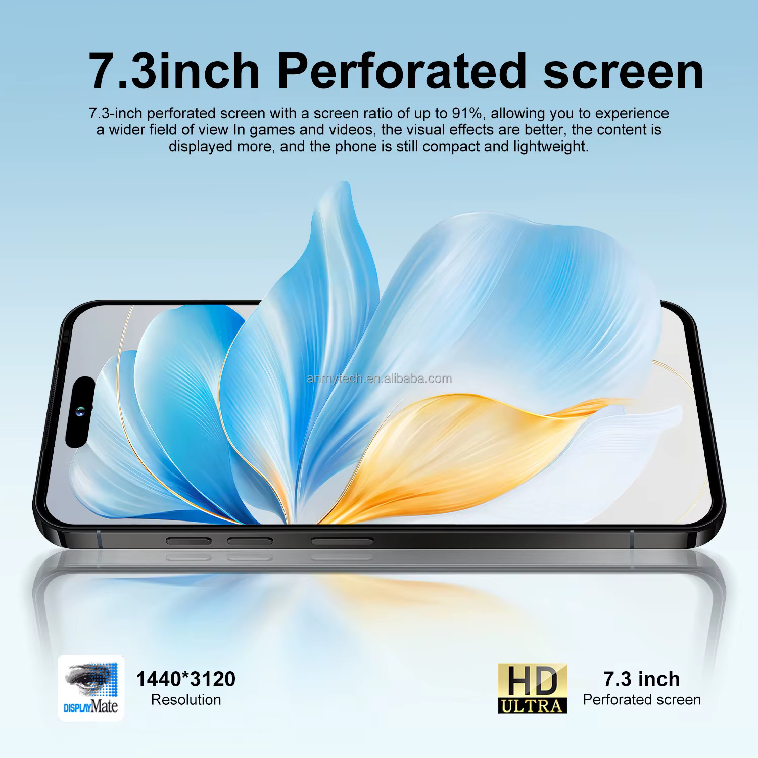7.3″ perforated HD. 91% screen ratio.